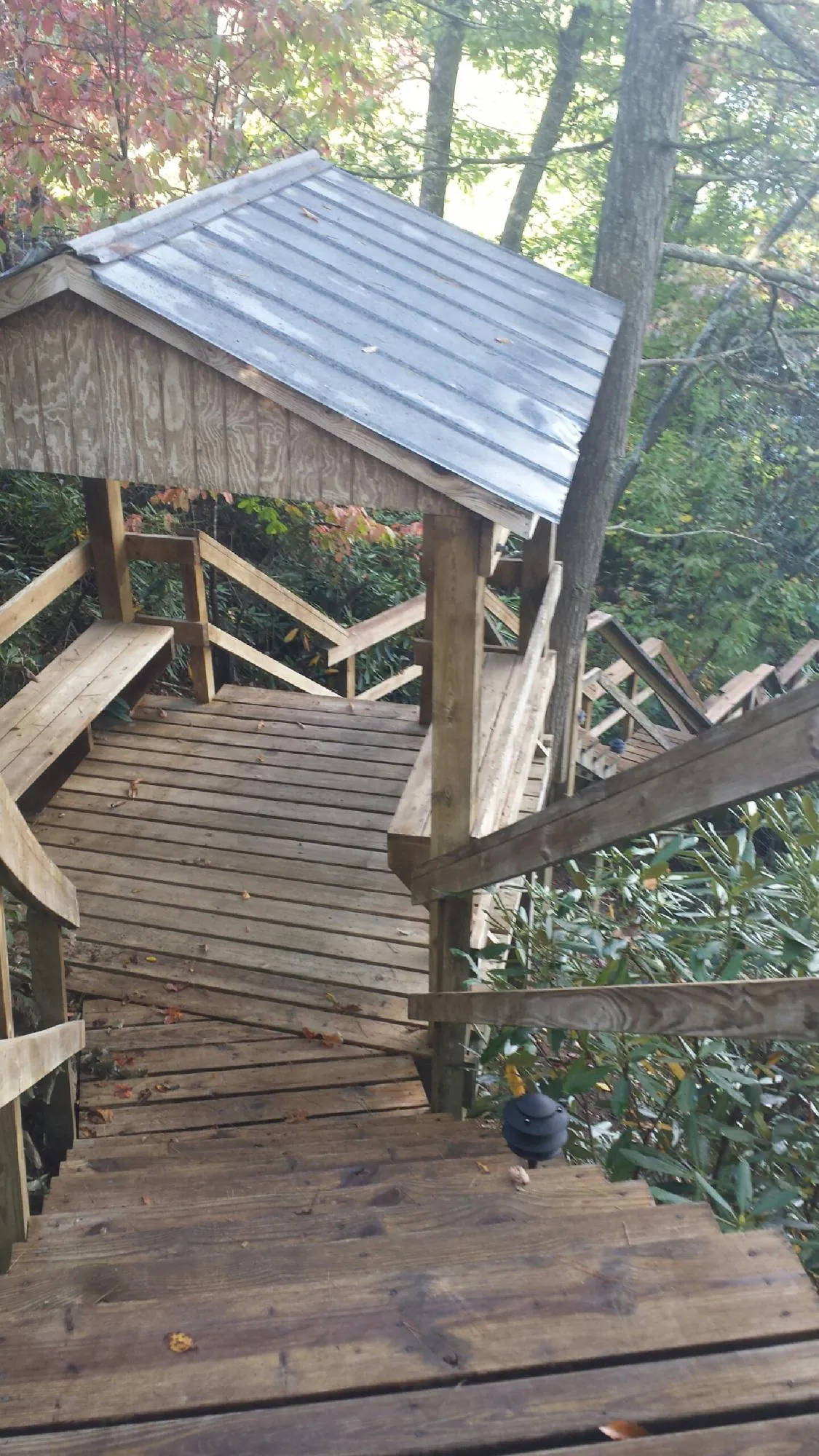 Metal roofed shelter over wooden steps on a wooded walkway — Skylight Repair & Installation work by our crew in Presto
